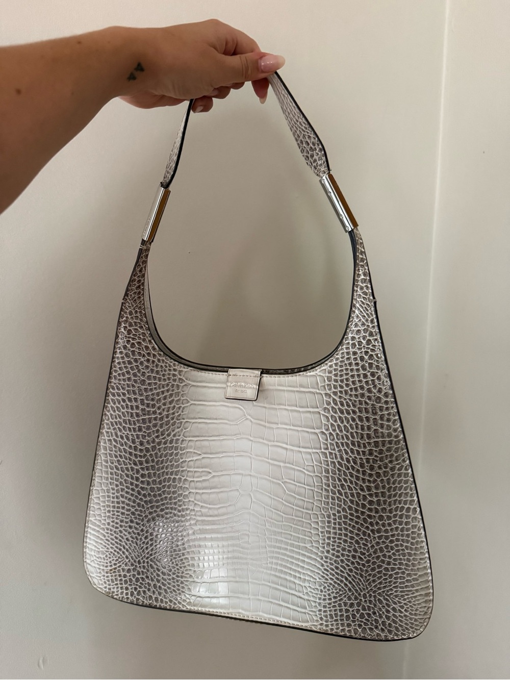 Calvin Klein Silver Croc-Embossed Shoulder Bag